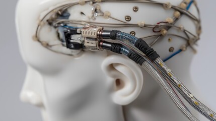 Artificial head with exposed wiring and connectors simulating brain activity