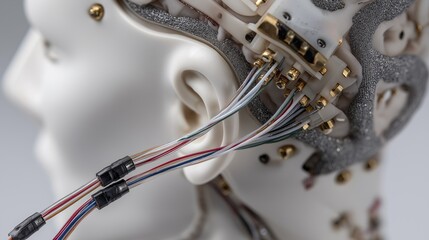 Artistic representation of a human head with advanced technological implants showing complex wires