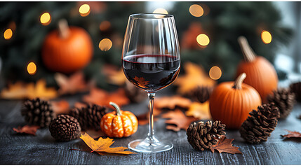 Wine Glass Surrounded by Autumn Pumpkins and Festive Pinecones