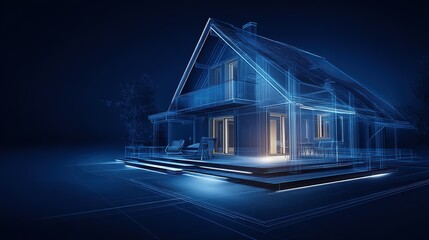 Futuristic Blue Glowing Wireframe Modern House with Gabled Roof and Large Windows, 3D Digital Architectural Visualization on Dark Background, 32k Resolution