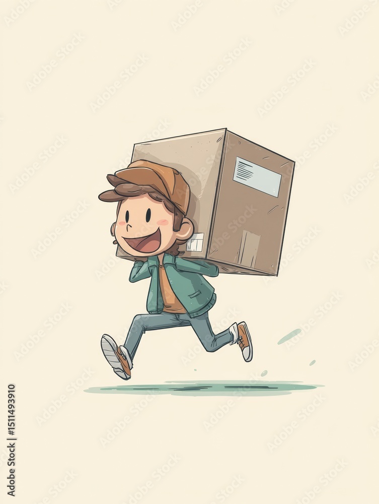 Poster cartoon courier joyfully running with oversized delivery box through a light, playful background