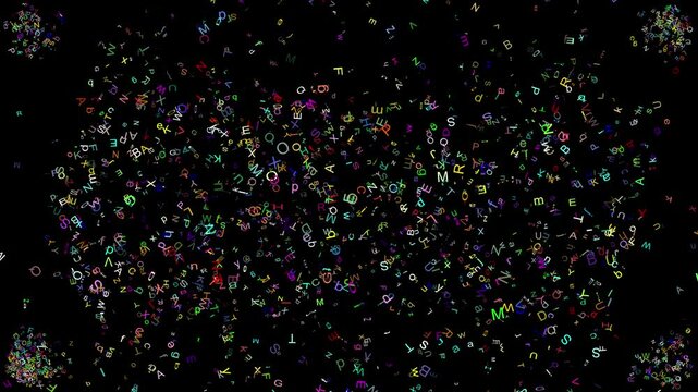 Blast of random letters with different colors and sizes explodes from all corners of the screen. Perfect for educational or creative projects on black