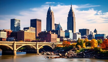 Fototapeta premium Cleveland Skyline with Bridge and River in Autumn Light