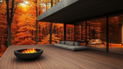 Autumnal Retreat: Modern Architecture Meets Fiery Forest