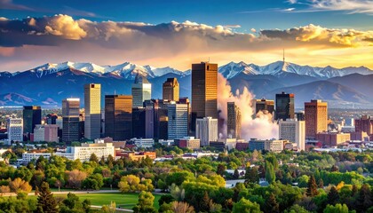 Obraz premium Denver Skyline with Rocky Mountains in Background During Sunset