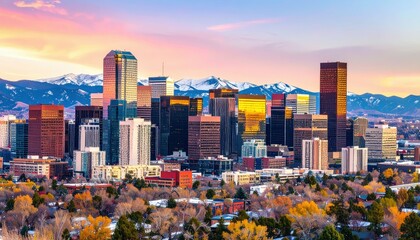 Naklejka premium Scenic View of Denver City with Rocky Mountains at Sunset