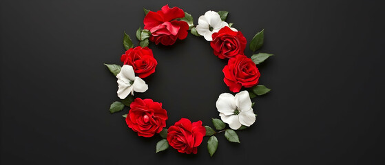 Red And White Floral Circle Arrangement On Black Background