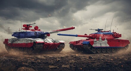 Military tanks facing off with Thailand and Cambodia flag patterns
