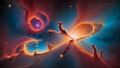Naklejka premium Spectacular cosmic panorama depicting vibrant nebulas and celestial structures in the deep space.
