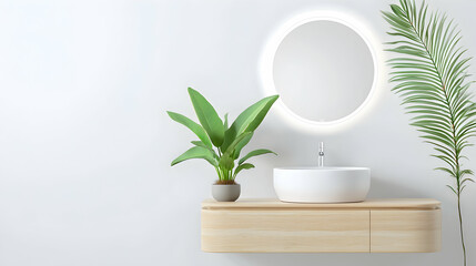 Modern Minimalist Bathroom Vanity With Round Mirror And Plant