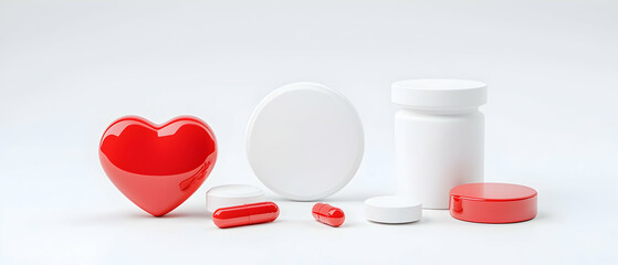 Red Heart And White Medicine Bottles On White Background
