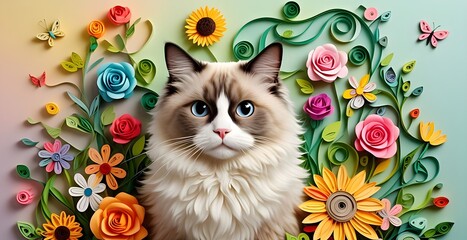 Ragdoll cat with the fresh garden in quilling paper style.