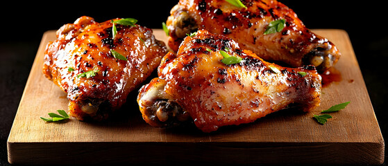 Roasted Chicken Wings On Wooden Board
