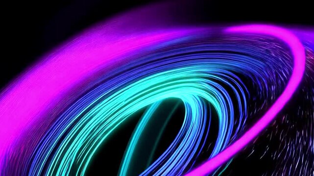 Vibrant streaks of violet and teal particles wrap and flow around each other, capturing energetic motion in an abstract, harmonious design.