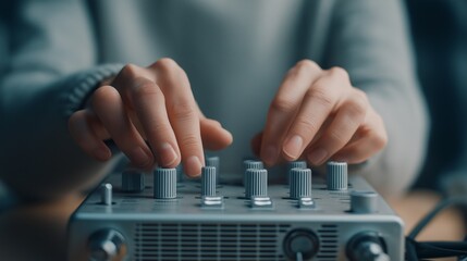 Music producer hands operate audio mixer sound adjustment knobs for music studio session