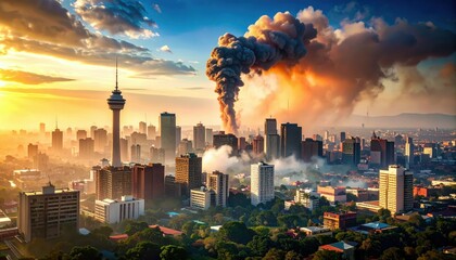 Obraz premium Tragic Smoke Plume Over Johannesburg Metropolis at Sunset