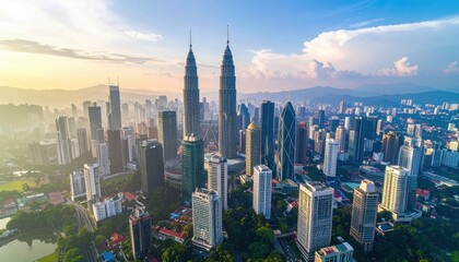 Naklejka premium Kuala Lumpur Skyline at Sunset with Modern Buildings and Clouds