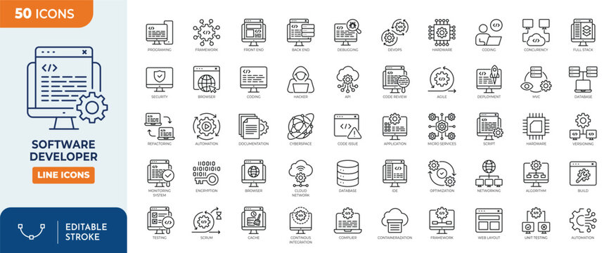 Software Developer icon set. Outline Icon Collection. Editable stroke. Vector illustration	