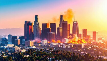 Naklejka premium Dramatic View of Los Angeles Skyline with Skyline in Crisis