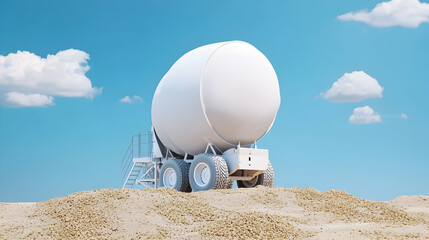 Modern White Tanker Truck On Sand Hill Under Blue Sky