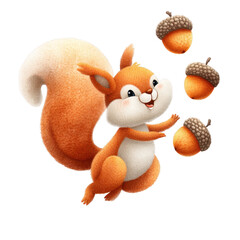 Joyful squirrel with fluffy tail is playfully juggling acorns in colorful watercolor style full of lively charm and warmth