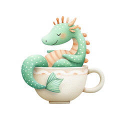 Obraz premium Cute watercolor sea dragon with green and orange colors is peacefully resting inside white teacup with soft smile and closed eyes