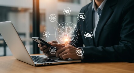 Businessman using ai technology on laptop and smartphone for data processing and digital transformation.