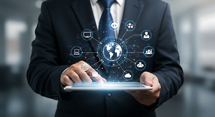 Businessman using a tablet connected to a global network illustrating modern digital technology