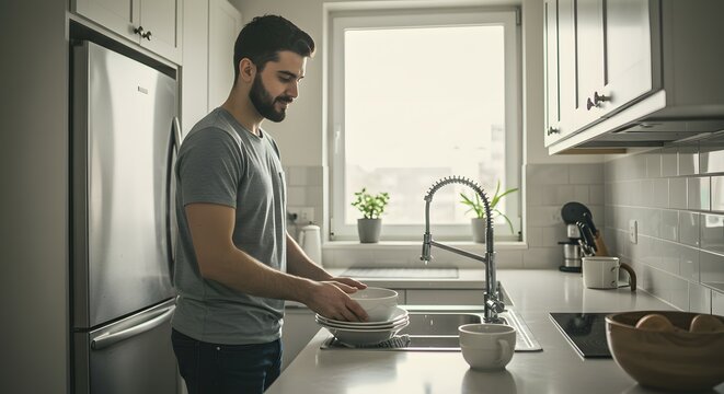 Man Washing Dishes in Modern Kitchen A Daily Chore with Natural Light