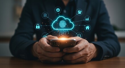 Businessman interacting with cloud computing system on a mobile phone with data icons