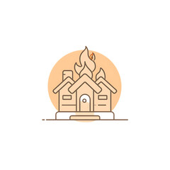   Outline vector icon of a burning house, clean mono-line strokes, centered on soft peach background 