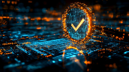 A glowing checkmark symbol hovers above a complex circuit board, illuminated by vibrant blue and orange light. Digital data streams