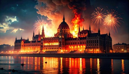 Naklejka premium Dramatic Fire and Smoke over Parliament Building at Night