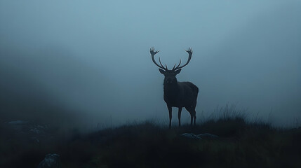 Naklejka premium Silhouette of a stag in a misty landscape.