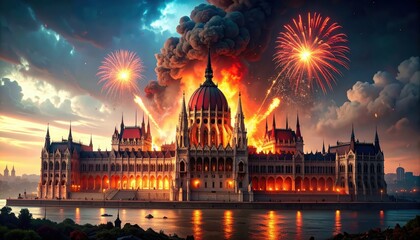 Obraz premium Tragic Scene of a Parliament Building in Flames at Night