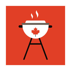 Canadian celebration cookout depicted with a grill and maple leaf on red background