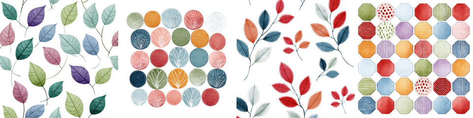 Vibrant, decorative leaf and circle patterns featuring colorful, organic shapes in a harmonious blend, ideal for textile design, wallpapers, and artistic illustrations