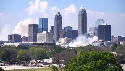 Fototapeta premium Tragic Collapse in Raleigh, North Carolina: City Skyline in Ruins