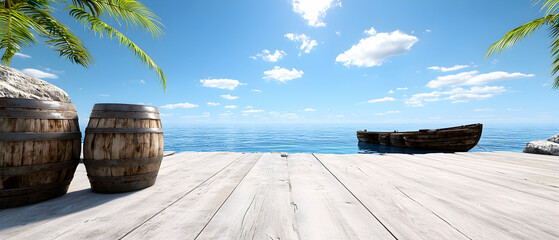 Tropical Beach Scene With Wooden Barrels And Shipwreck