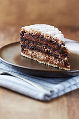 Piece of chocolate cake on rustic background. Close up.