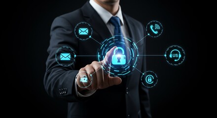Businessman activating cyber security technology with digital padlock and connections online