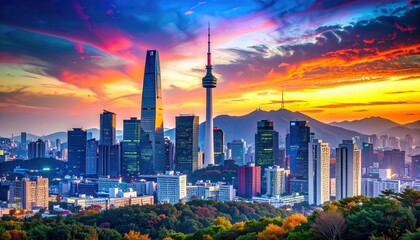 Obraz premium Dramatic Sunset Over Seoul's Skyline with Modern Architecture Views