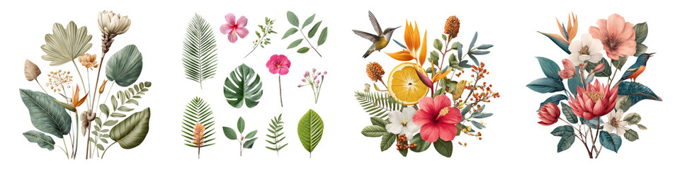 Vibrant floral arrangements with a variety of exotic leaves and colorful blossoms, showcasing detailed botanical design elements ideal for nature-inspired decor and illustration projects.