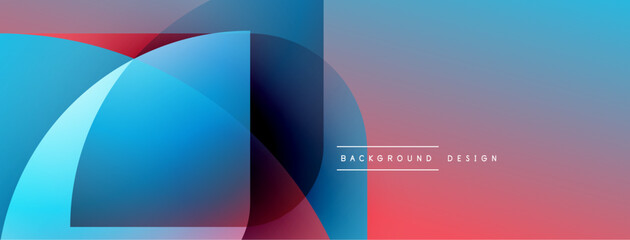 Abstract geometric shapes overlap, creating vibrant color gradients. Blue, purple, red hues dominate composition. Minimalist text present.