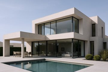 Contemporary Minimalist Villa with Floor-to-Ceiling Windows, Outdoor Pool, and Elegant Patio – Modern Luxury Home Architecture in Natural Light