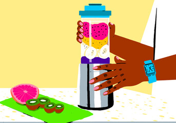 Illustration of a hand preparing a fresh fruit smoothie in a kitchen