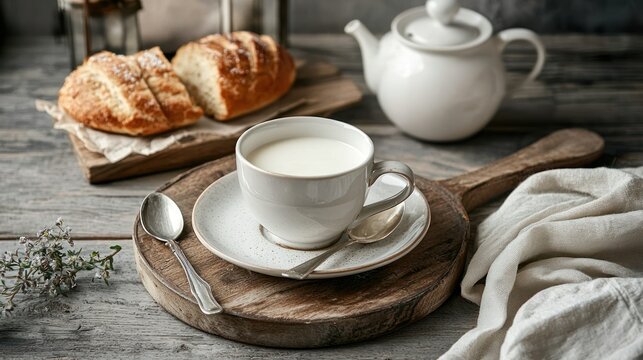 English breakfast tea with milk in porcelain cup