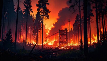 Nature's Fury: Wildfire Devastation and Collapsing Landscape Scene