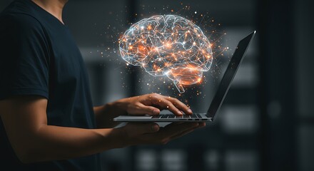 Man working on laptop with illuminated brain concept representing artificial intelligence and data
