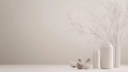 Serene White Minimalist Still Life:  A Tranquil Composition of  Clean Lines and Soft Textures, Featuring White Decor and Subtle Natural Elements.